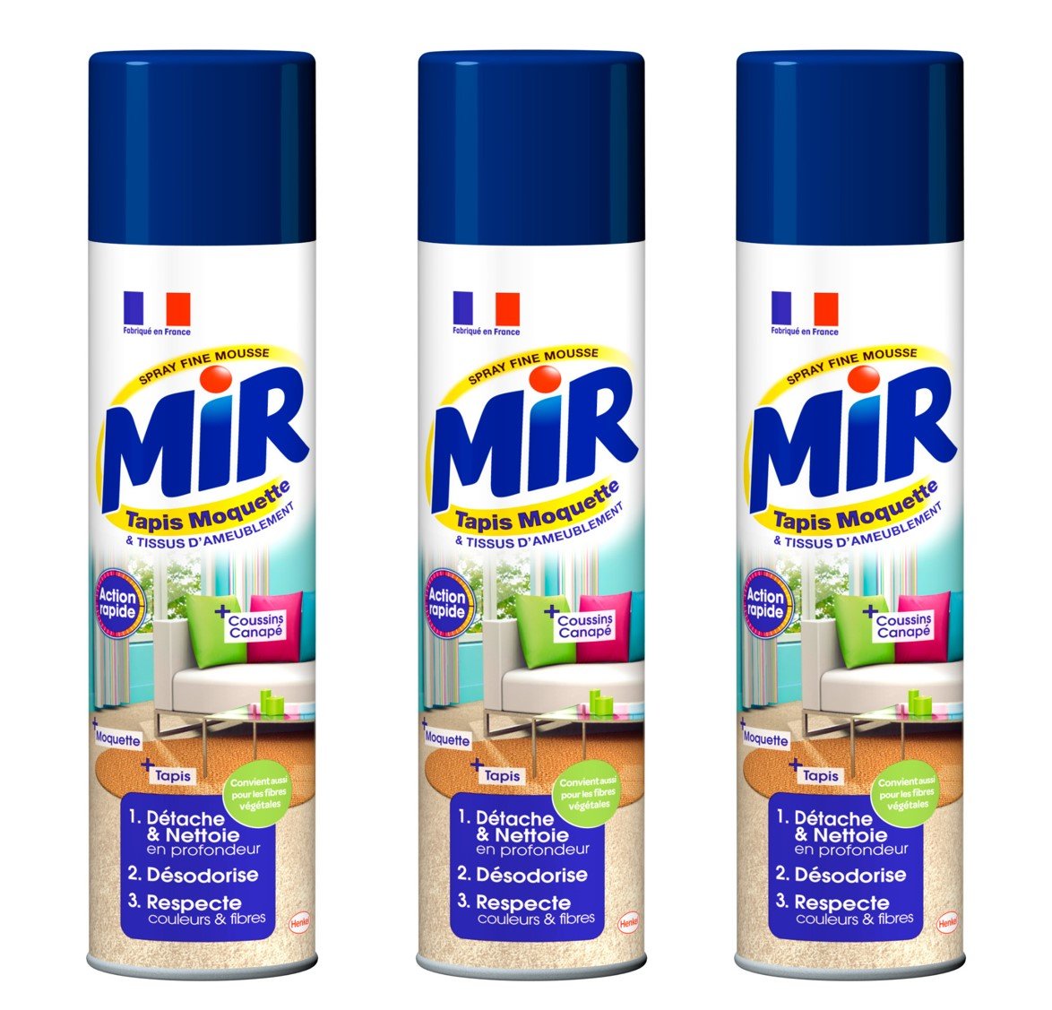 Mir Nettoyant Tapis Rapide Action - Désodorise & Protège Tissus - 600 ml - Lot de 3 | Produit Quadruple Action